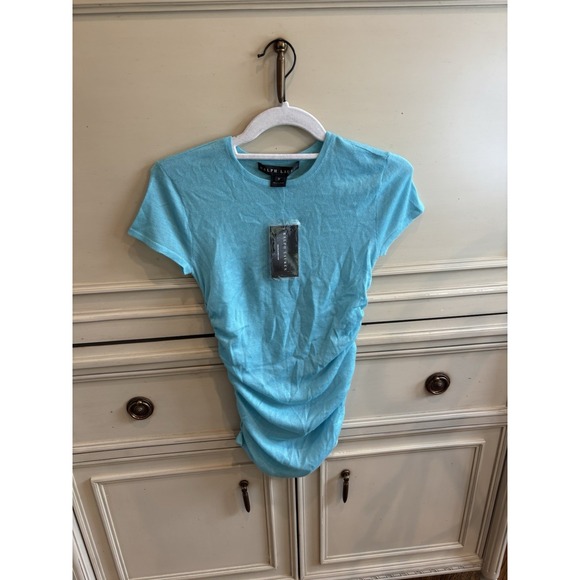 Ralph Lauren Black Label NWT Blue Cashmere Ruched T-Shirt Short Sleeve Medium - Picture 1 of 6